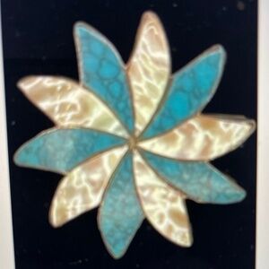 Vintage AIIM Mexico Flower Turquoise Mother of Pearl Sterling Brooch Pendant